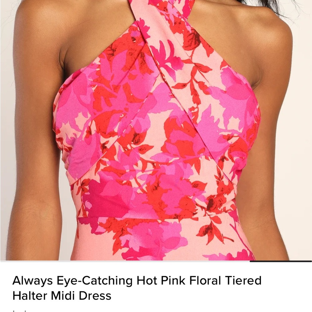 Lulu's Hot Pink and Red Floral Halter Midi Dress like new ..dry cleaned. - Picture 1 of 6